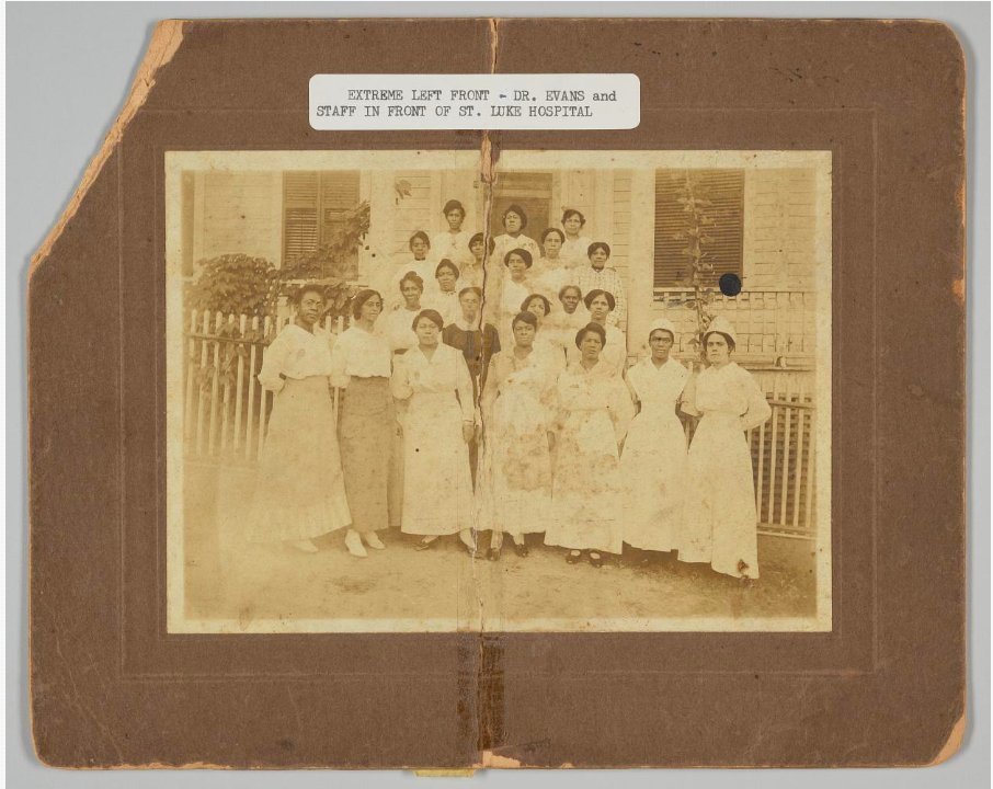 A faded photograph of nursing staff and Dr. Matilda Evans in front of St. Luke's Hospital and Nursing School in Columbia, South Carolina, 