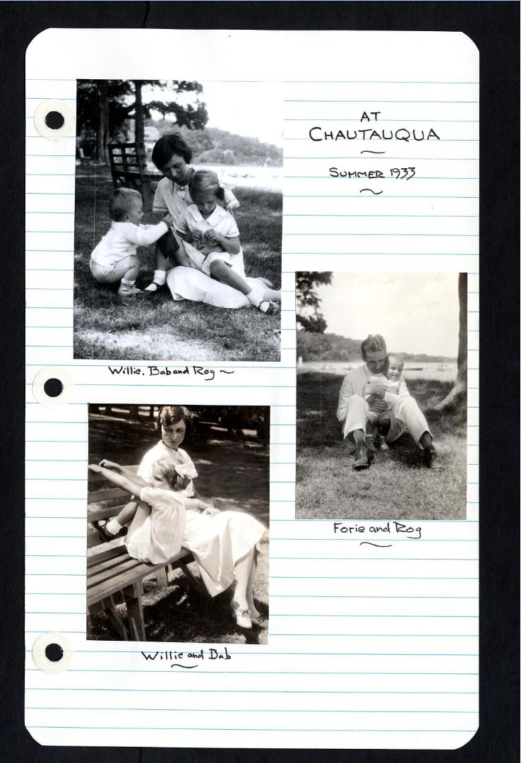 Screenshot of a notebook page from Forman Craton's memoirs, including photographs glued in of his family members "At Chautauqua, Summer 1933." Pictured outside are Willie with their two young children "Rog" and "Bab," Willie with Bab, and Forie with Rog. 