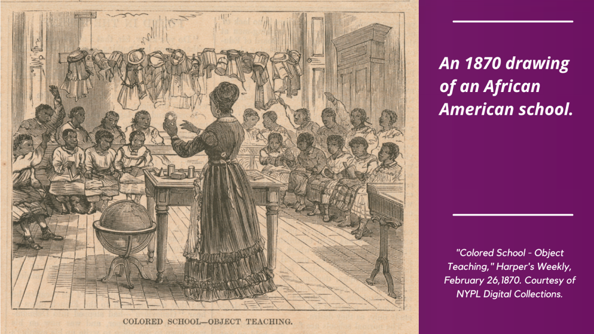 A sketch of an African American teacher and schoolchildren in a school room. From Harper's Weekly, 1870.