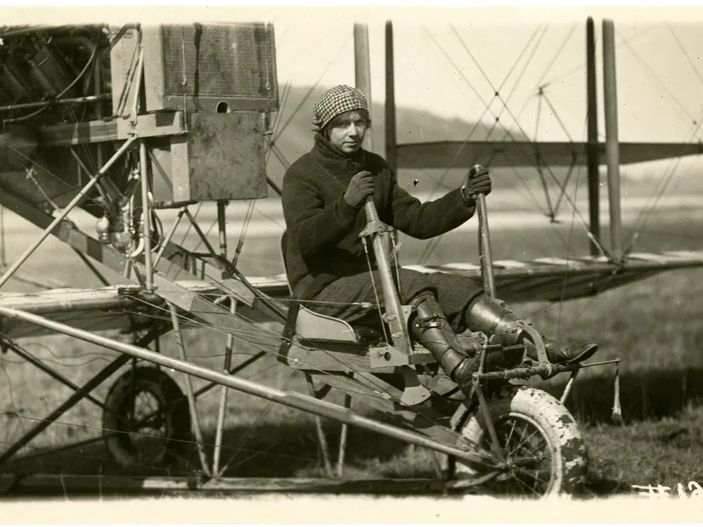 Ruth Law, circa 1915, at the controls of her Curtiss Model D Headless biplane.