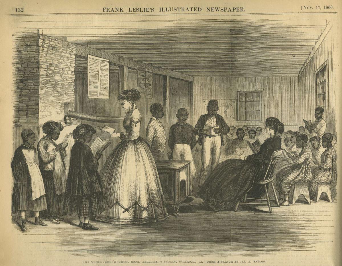 A sketch of “Misses Cooke's School Room, Freedmen's Bureau, Richmond, Va.," by James E. Taylor. In Frank Leslie's Illustrated Newspaper, 1866.