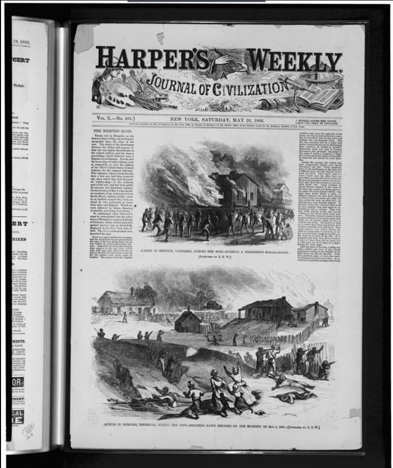 A page from Harper's Weekly, Journal of Civilization, New York, Saturday, May 26, 1866 featuring articles and sketches on the Memphis Riots
