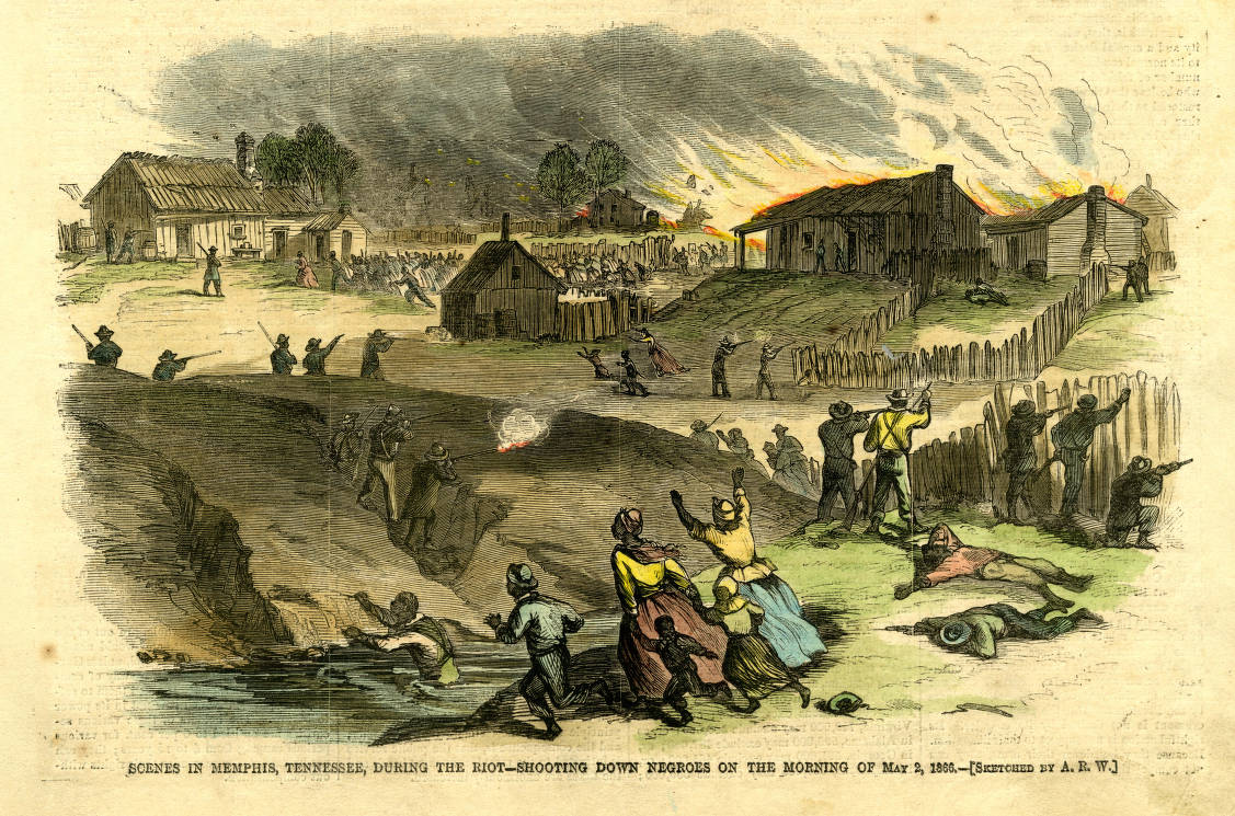 A sketch depicting armed white men attacking African Americans and burning homes and buildings. The bottom of the sketch reads: Scenes in Memphis, Tennessee, During the Riot - Shooting Down Negroes on the Morning of May 2, 1866. Sketched by A. R. W. 