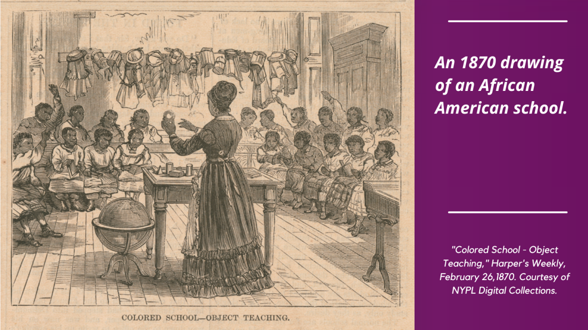 A sketch of an African American female teacher standing at the front of a classroom, her arms are raised and she appears to be speaking to a large group of students. A few students have their hands raised and a globe sits on the floor beside her. "Colored School - Object Teaching," Harper's Weekly, February 26, 1870. Courtesy of NYPL Digital Collections.