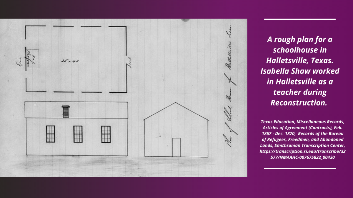 A rough plan for a schoolhouse in Halletsville, Texas, including a front, side, and above view of the rectangular, one room building. Isabella Shaw worked in Halletsville as a teacher during Reconstruction. Texas Education, Misc. Records, Freedmen's Bureau Records.