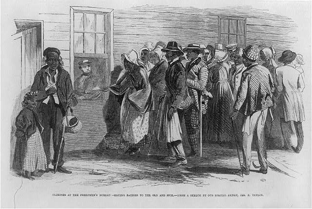 Black and white sketch of Freedmen and women waiting in line for the distribution of rations by Freedmen's Bureau agents. 