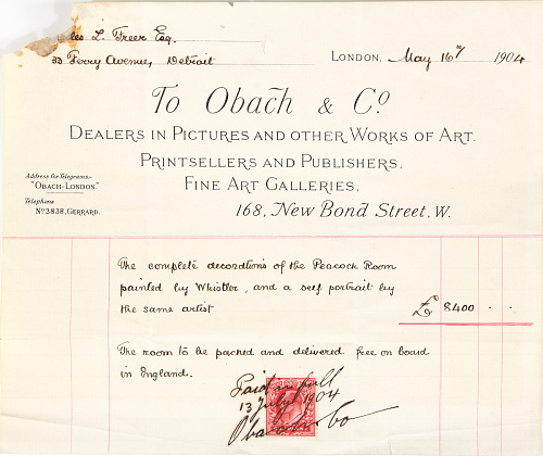 Invoice for the entirety of Whistler's Peacock Room for £8400 on May 16th, 1904.