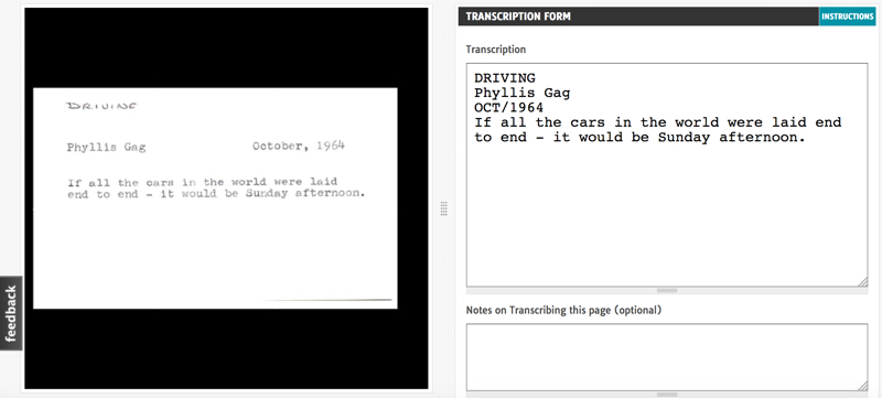 screenshot of transcription field for Phyllis Diller joke card